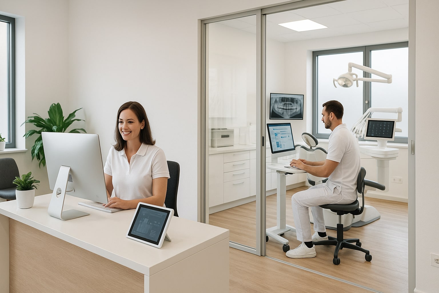 Moderne digitale Arztpraxis mit Tablet und Computer
