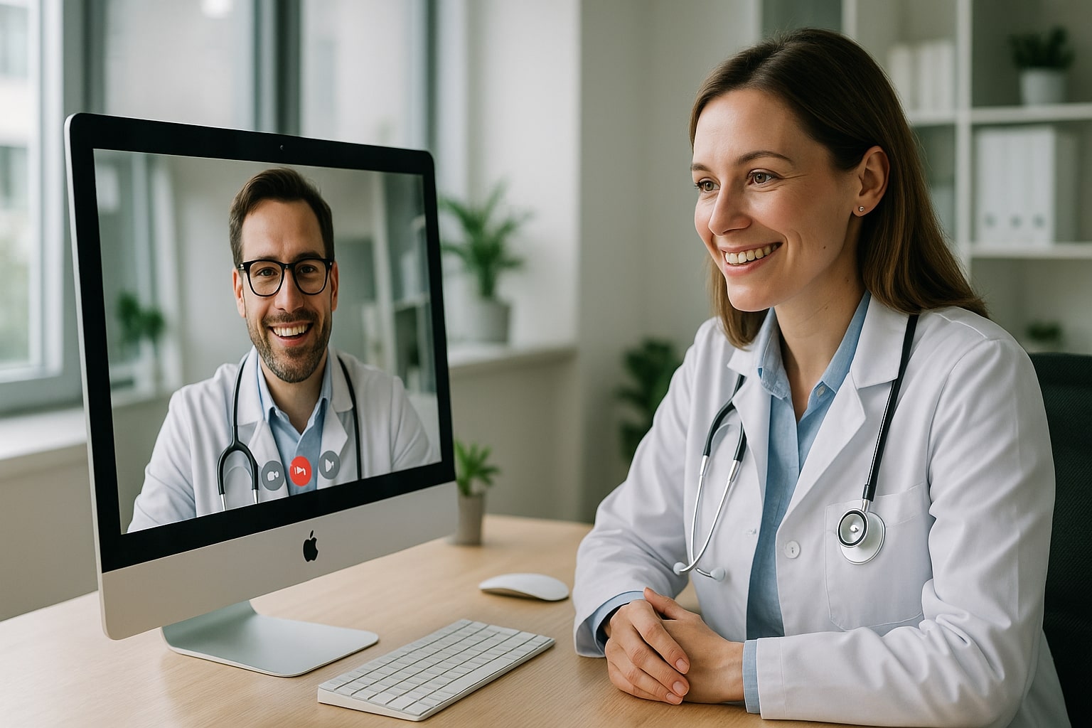 Videokonferenz zwischen Arzt und Patient, digitale Sprechstunde